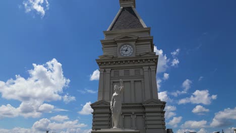 upward angle half orbit of clock and statue atop clarksville courthouse located in clarksville tn