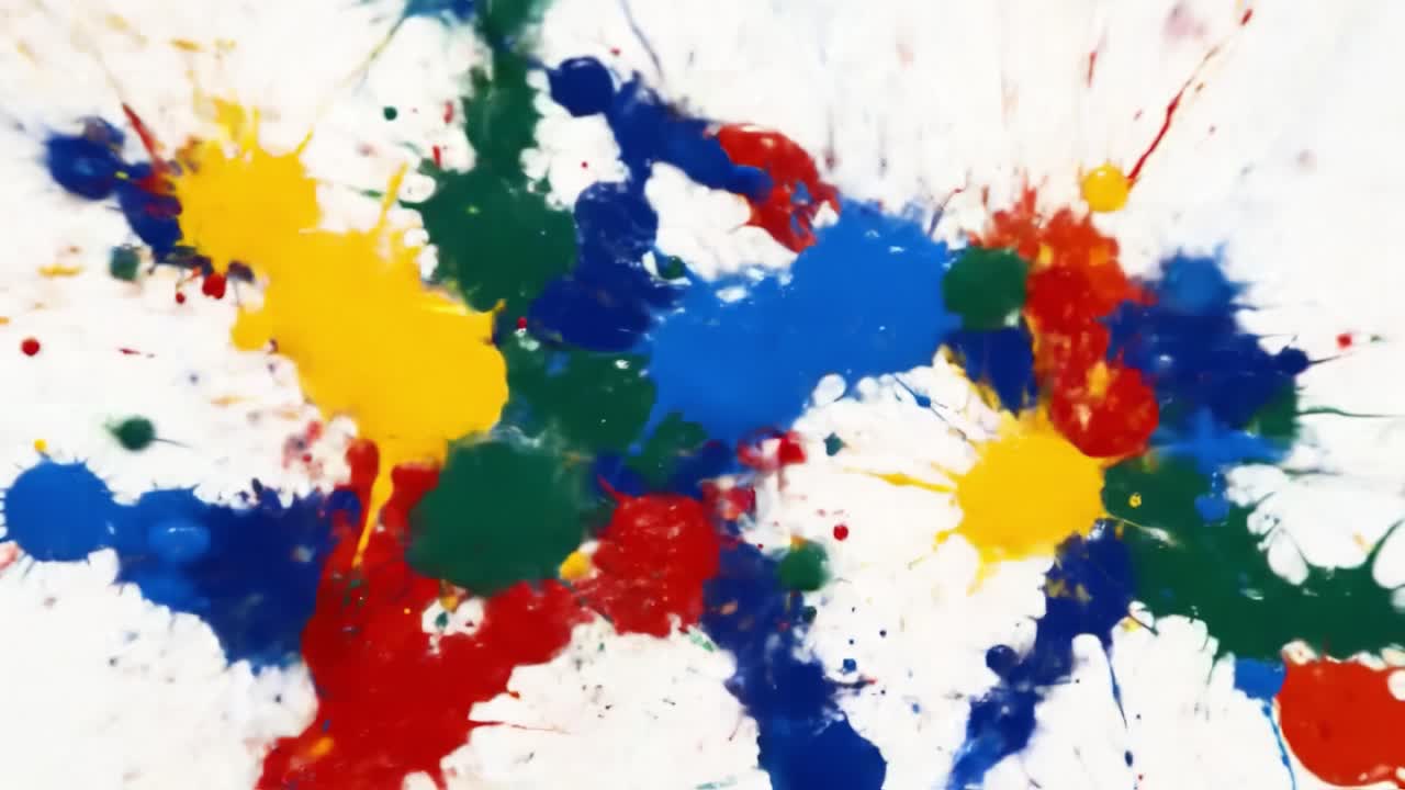 Brightly colored paint splatters are scattered across a white canvas, showcasing a lively explosion of colors. The mixture of hues creates an energetic and playful visual experience.