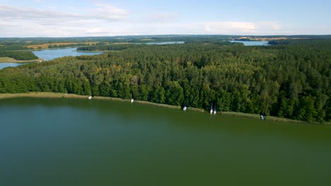 An-aerial-shot-of-few-beautiful-yacht-being-anchored-at-the-bank-of-a-river-in-the-day-time-with-dense-forest-background