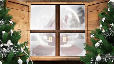 Animation-of-winter-landscape-and-snow-globe-seen-through-window