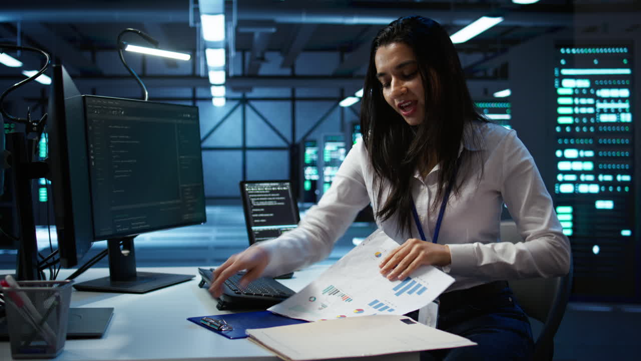 es especialista en el centro de servidores comenzando el turno de trabajo, rastreando el tráfico de red con la pc