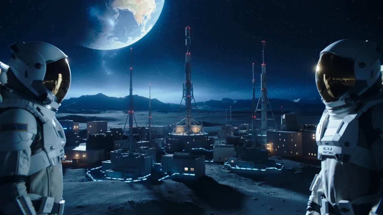 Astronauts in EVA suits monitoring lunar base as camera tightens, Earth above, copy space