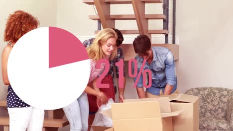 Animation-of-pie-chart-and-percentage-over-happy-caucasian-friends-moving-into-new-house