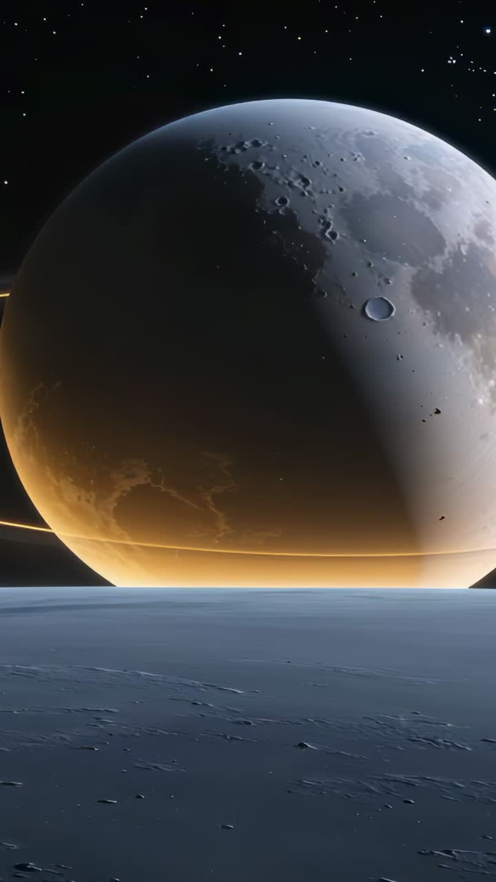 Vertical video: Cratered moon rising above icy plain stars, camera tilting revealing golden ring