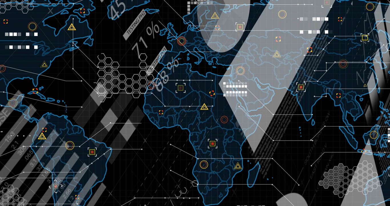 Displaying stylized global map outline floating over dark grid, featuring glowing data icons
