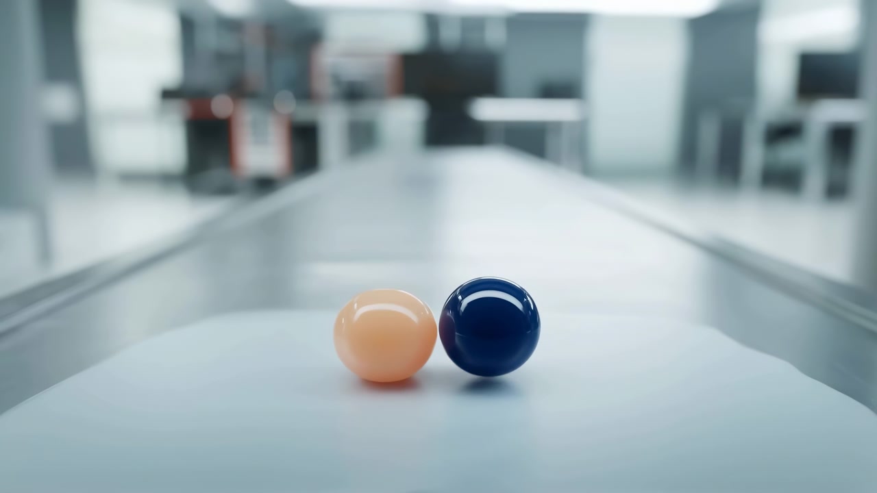 Oggetti arrotondati arancioni e blu si spostano leggermente su un tavolo luminoso mentre uno sfondo interno sfocato rimane visibile, creando una composizione calma con illuminazione morbida e chiaro contrasto cromatico.