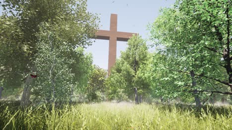 A-large-wooden-cross-standing-in-the-middle-of-a-forest,-with-trees,-bushes,-grass,-flowers-all-around-it,-and-seagulls-flying-above-it,-3D-animation-with-camera-dolly-forward