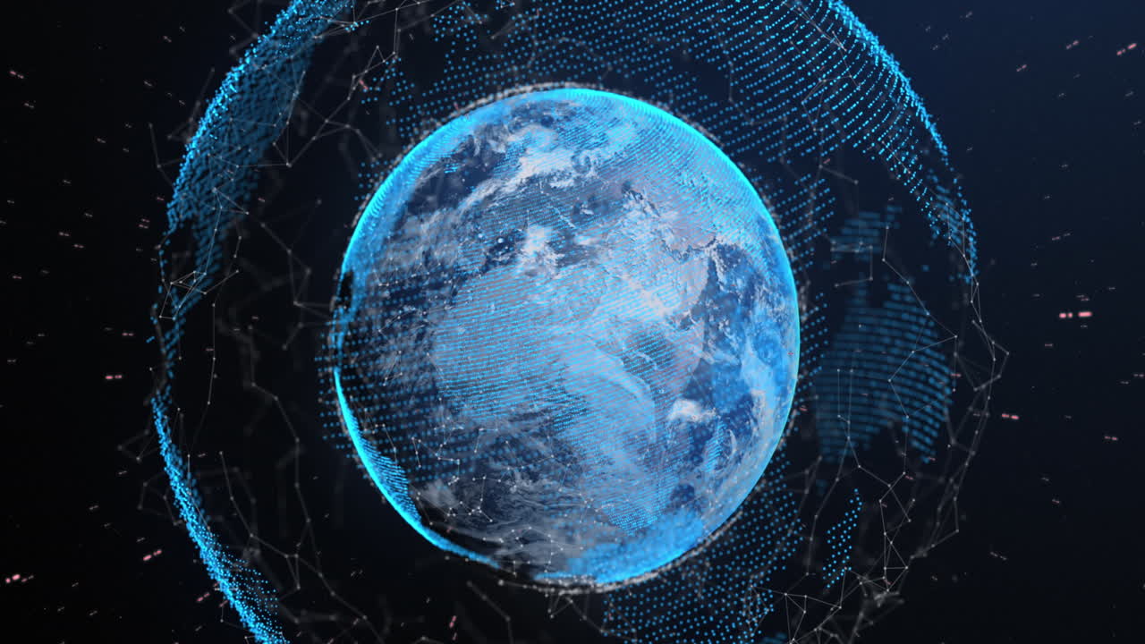 Animation of rays moving over globe with connected dots and map