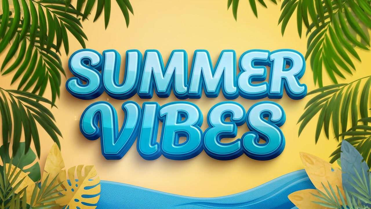 Animación de banner de estilo de vida tropical con vibras de verano, tipografía 3D azul y fondo de hojas de palma
