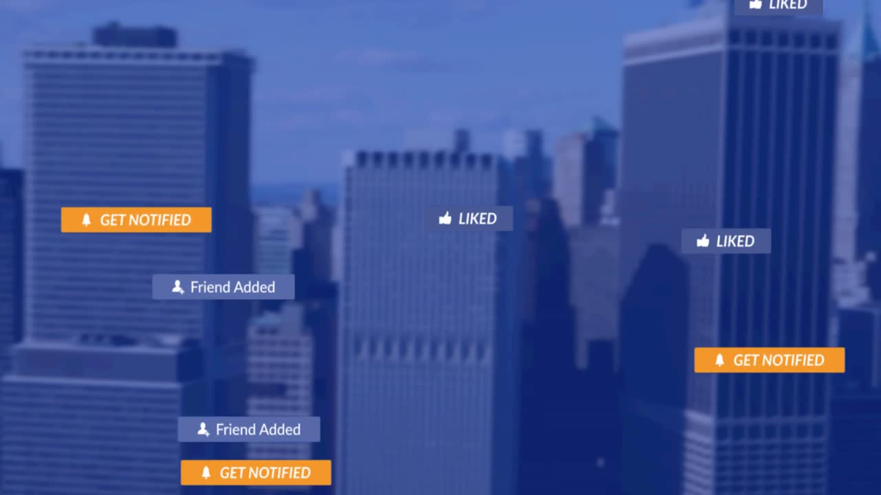 도시 풍경 위의 배너에 있는 소셜 미디어 텍스트의 애니메이션