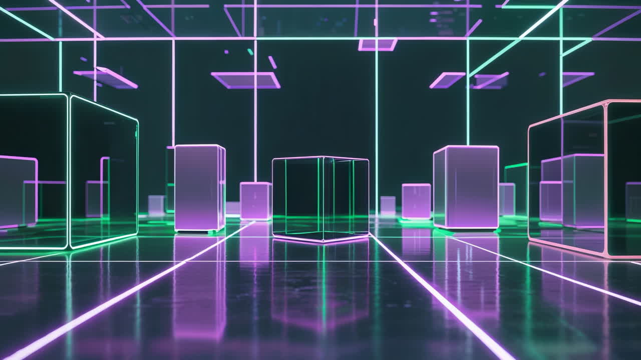 Abstract Neon Grid with Glowing Geometric Shapes