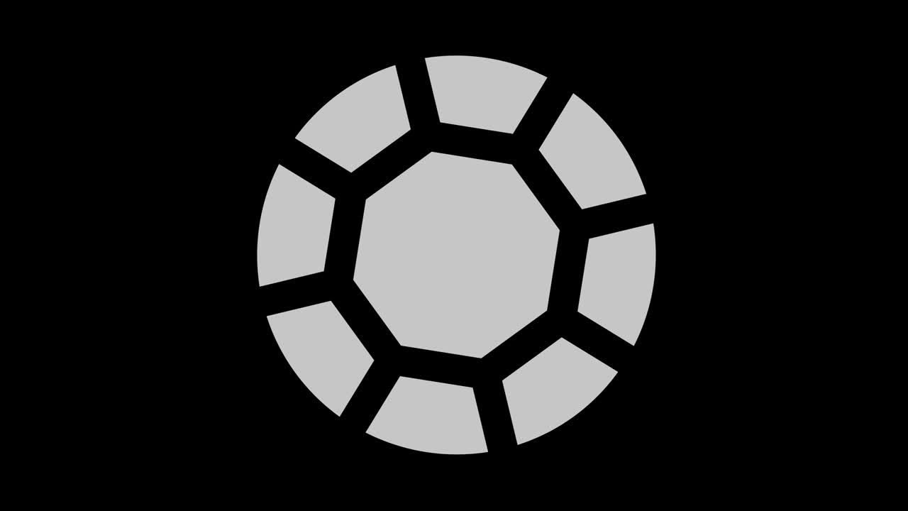 16:9 영상 형식으로 풀 스크린에서 중앙으로 사라지는 크기를 줄여 시계 방향으로 회전하는 스트로보스코픽 및 최면 효과를 가진 흑백 그래픽 객체