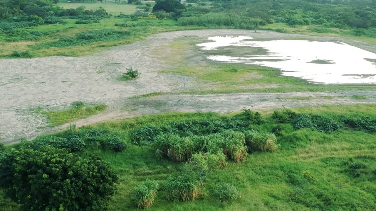 imágenes de vista aérea de un río de lago pantanoso con hierba verde en una zona rural de sudáfrica