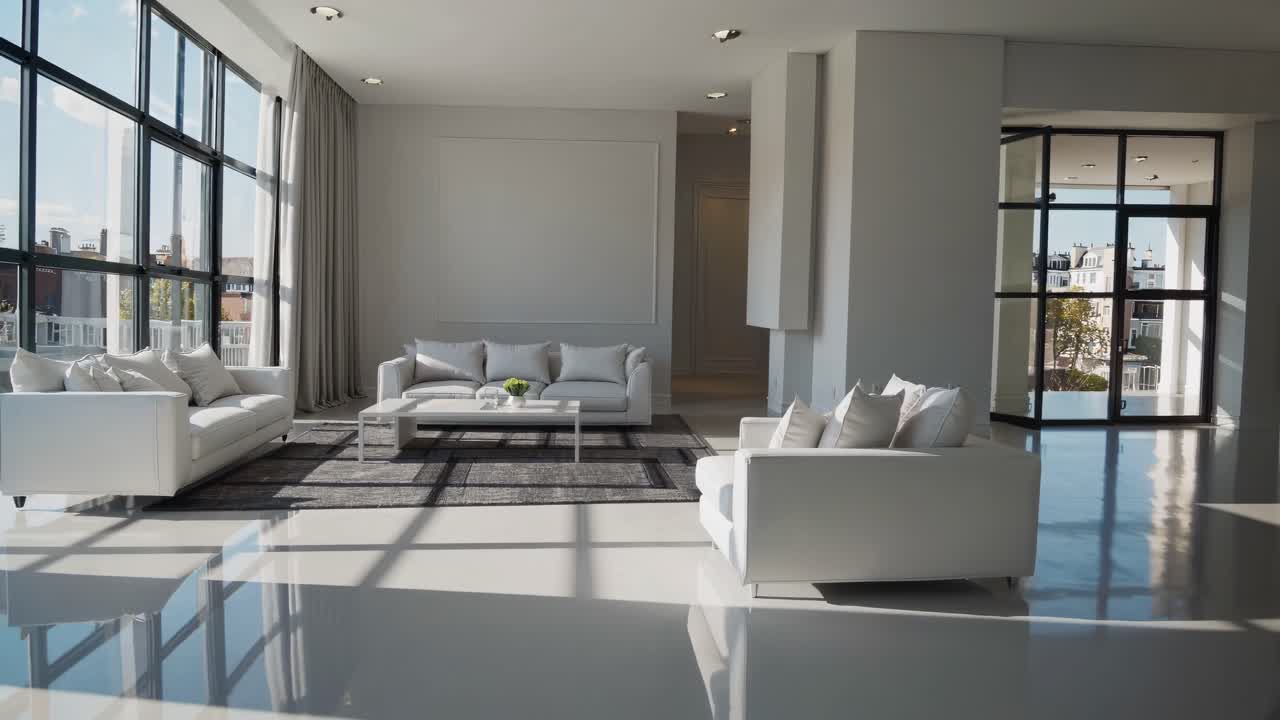Wide-angle shot of a modern, minimalist living room with white sofas and large windows, perfect