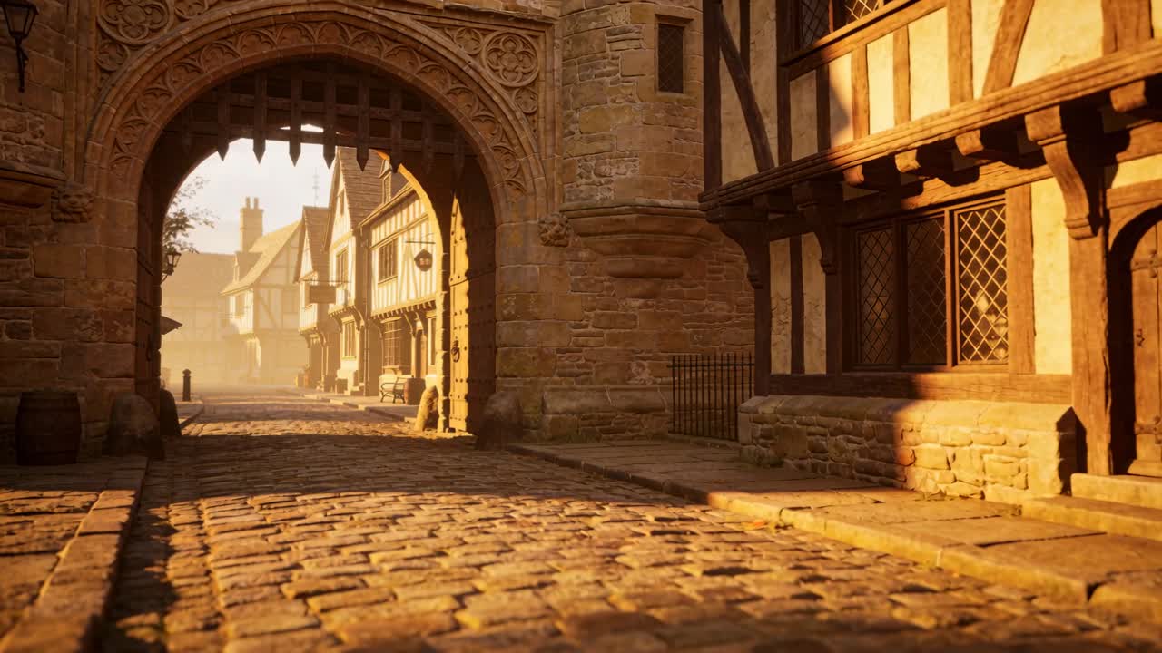 Telecamera che inizia a muoversi sopra i ciottoli, passando attraverso un arco in pietra intagliata in una strada Tudor con case a graticcio.