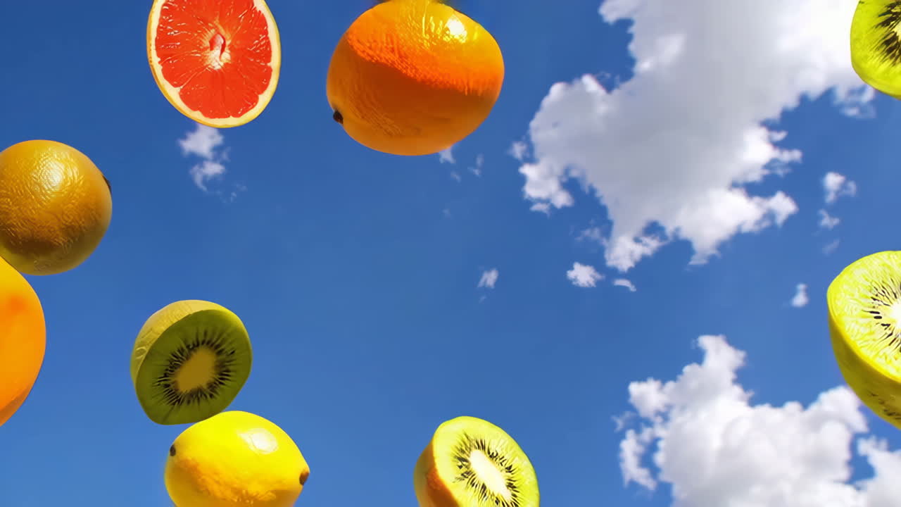 Vibrant Citrus and Kiwi Fruits Floating in a Cloudy Sky