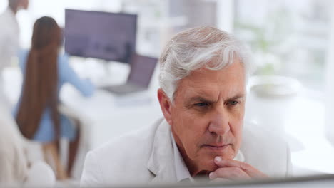 face, business and senior man thinking in office