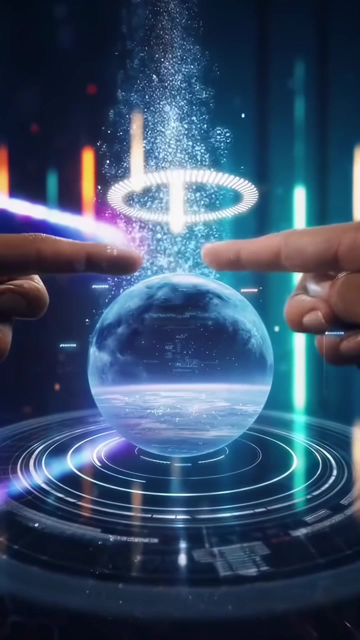Interface holográfica futurista mostrando o lançamento de um foguete e a Terra