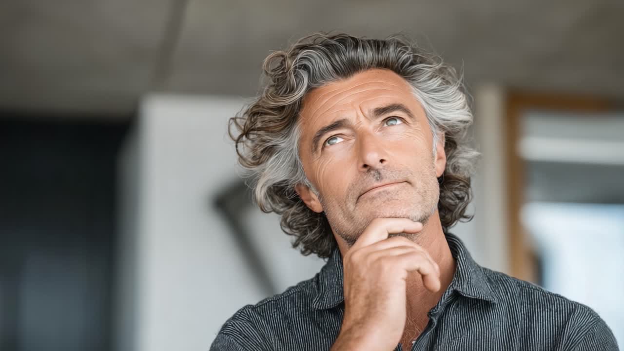 Contemplative Man with Wavy Hair Engaged in Deep Thought, Reflecting on Ideas and Possibilities, with a Serene Expression in an Indoor Setting