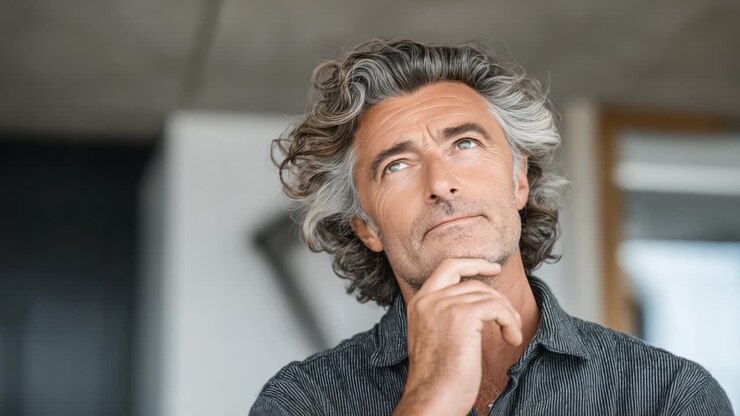 Contemplative Man with Wavy Hair Engaged in Deep Thought, Reflecting on Ideas and Possibilities, with a Serene Expression in an Indoor Setting