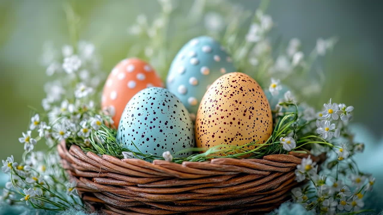 Easter eggs in a nest. Brightly colored eggs are nestled in a woven basket surrounded by small flowers, creating a festive Easter scene