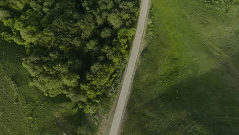 Aerial-down-shot-of-the-natural-Kojori-scenery:-a-road,-grassfield-and-forest