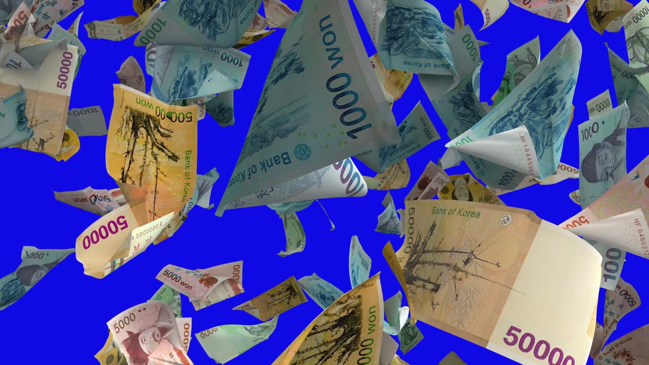 한국 원 지폐가 파란색 크로마 키 4k 루프에 떨어집니다.