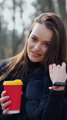 beautiful woman with a plastic cup outdoors. pretty girl in fur coat walking in the park. back view of a brunette in the park. slow motion. vertical video