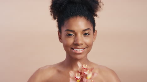 beauty, skincare and flowers with face of black