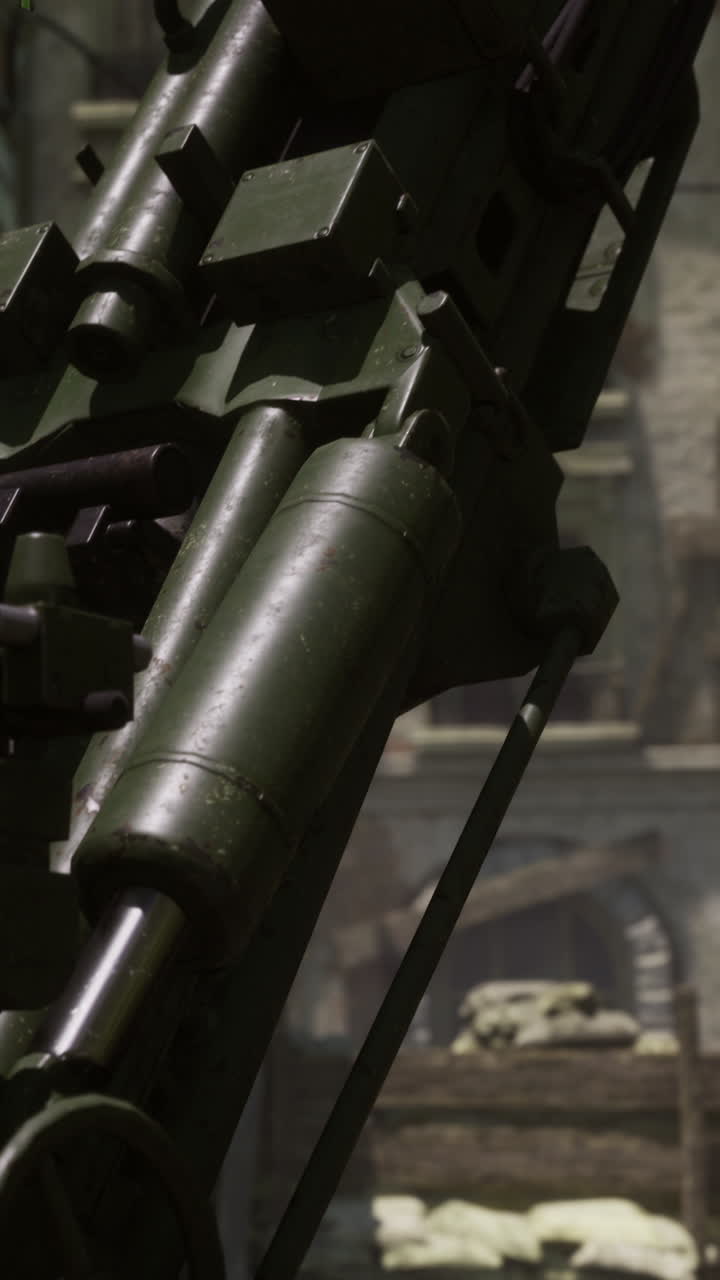 Military equipment stands tall outside a building during a military operation