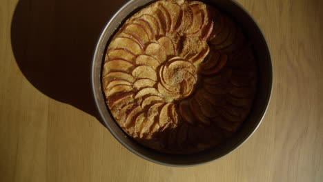 delicioso pastel de manzana casero recién salido del horno en un molde de dos piezas 4k iluminado por el sol