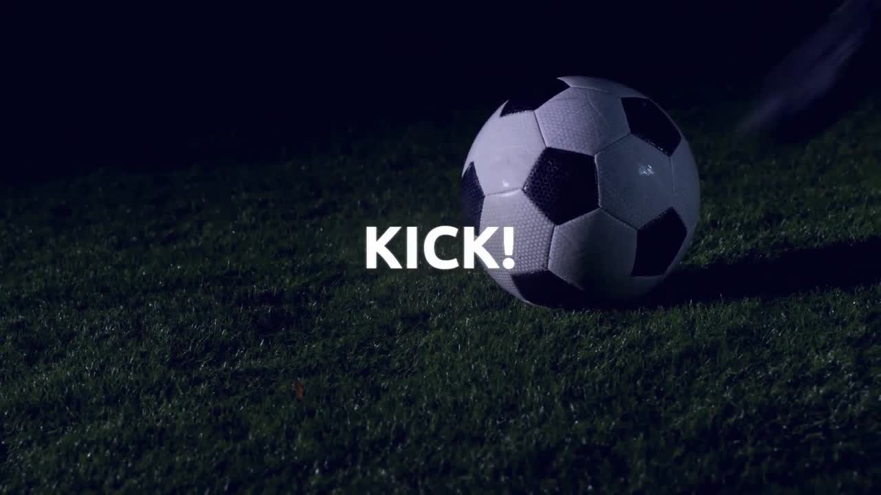 Animation of kick text in white, with colorful trail and foot kicking football on black background