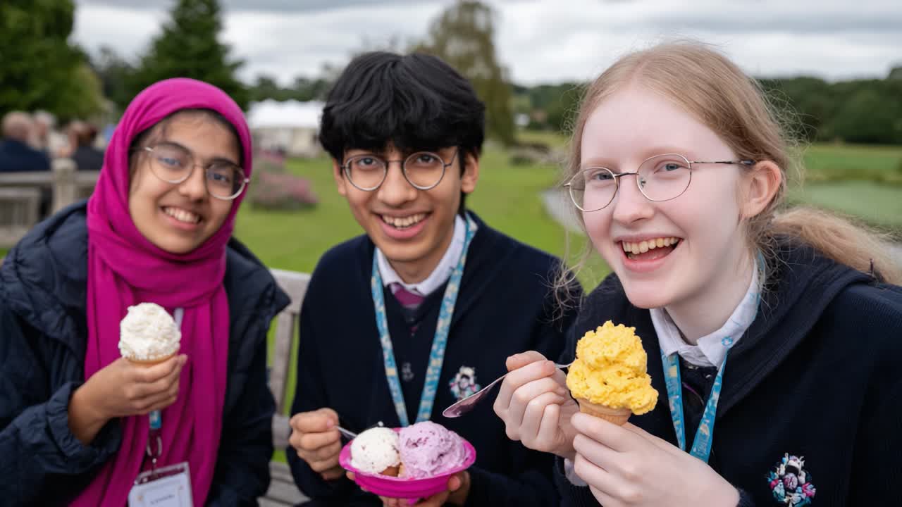 A Joyful Trio Enjoying Delicious Ice Cream Treats in a Beautiful Outdoor Setting, Capturing Moments of Friendship and Delight During a Relaxing Day Out