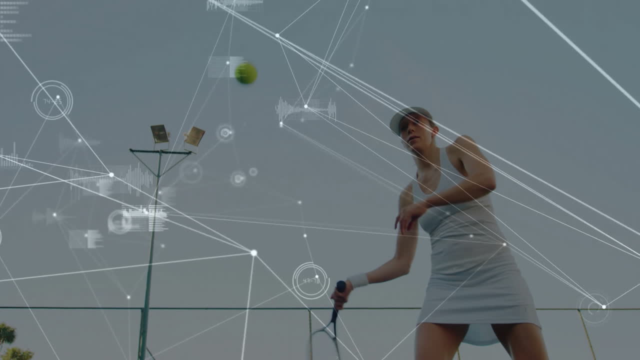 Female tennis player serving on outdoor tennis court, with sports analytics graphs overlaying