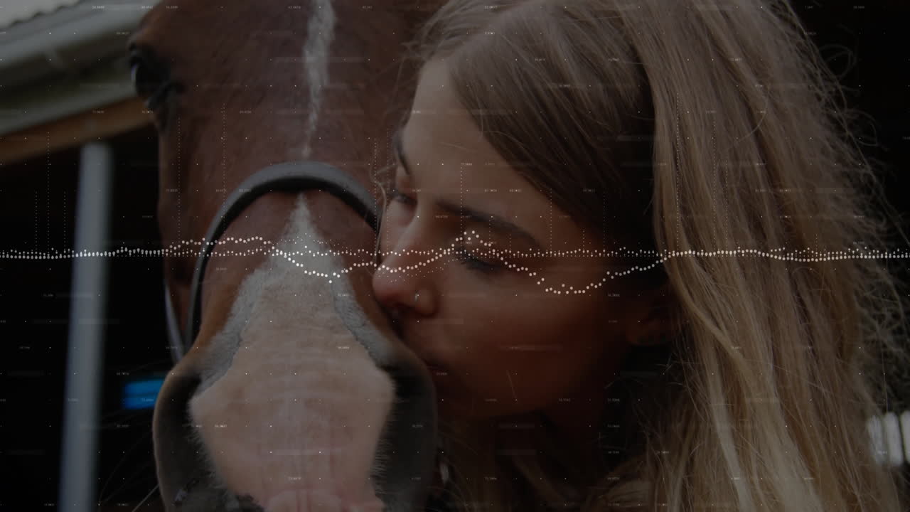 Woman pressing face against horse muzzle outside stable, highlighting equine health data overlay