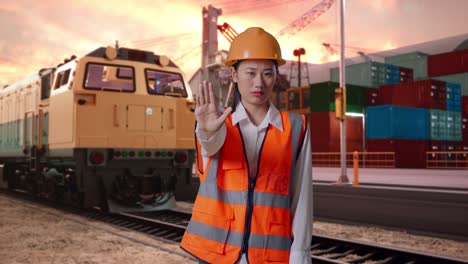 Asian Female Engineer With Safety Helmet Disapproving With No Hand Sign With Freight Cargo Train At Port
