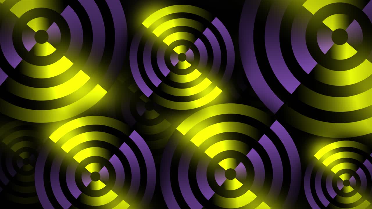Rotating neon circles form vibrant line work as a target of glowing shapes in dynamic 3D animation illusion pattern on a dark gradient background motion graphics and visual effect colour yellow purple