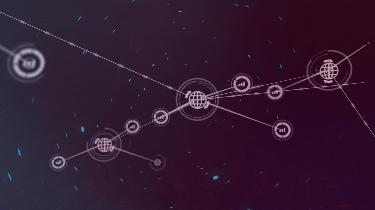 Animation of network of connections with icons over dark background