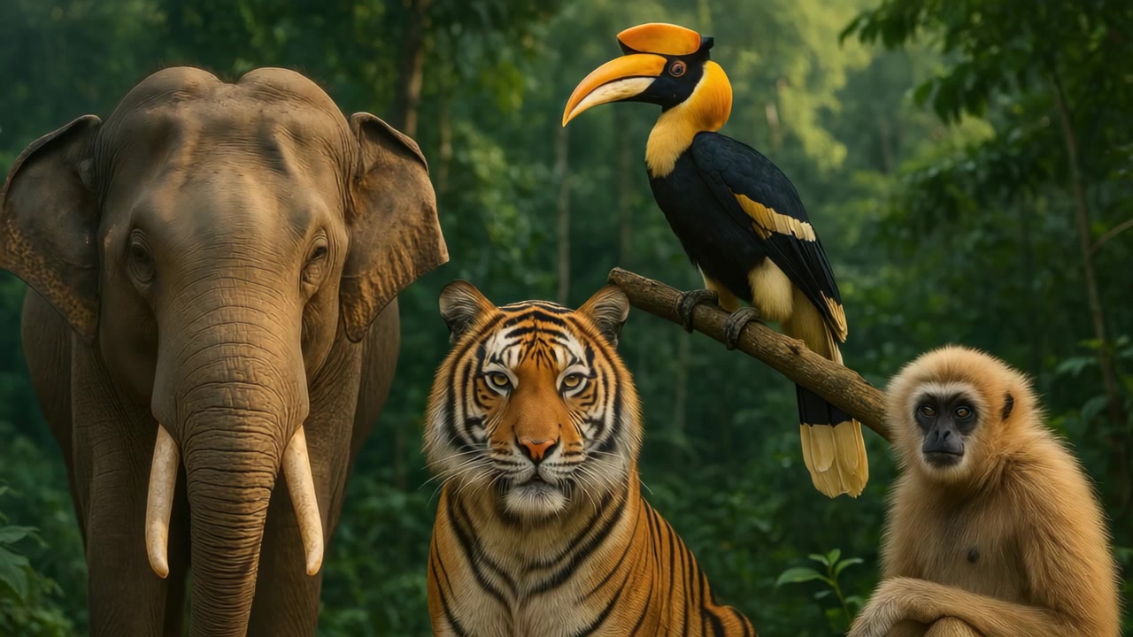 Elefante asiatico, tigre, bucero e gibbone nella foresta tropicale