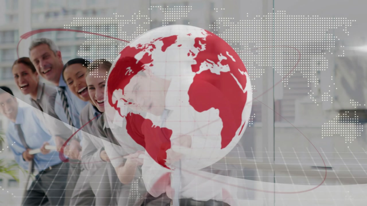 Globe rotating and fading, revealing six coworkers pulling rope, corporate office with dotted map