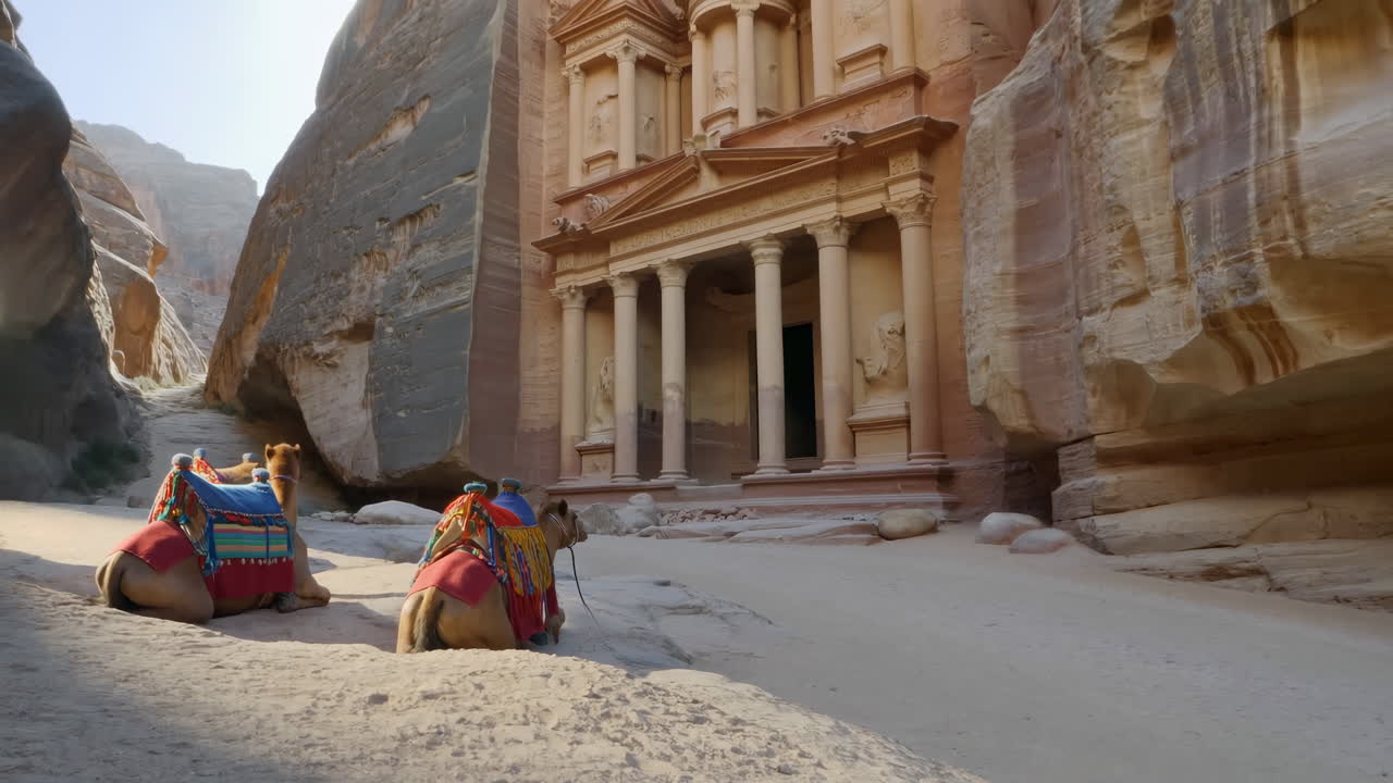 Pétra, Jordanie : Le Trésor (Al-Khazneh) et les chameaux