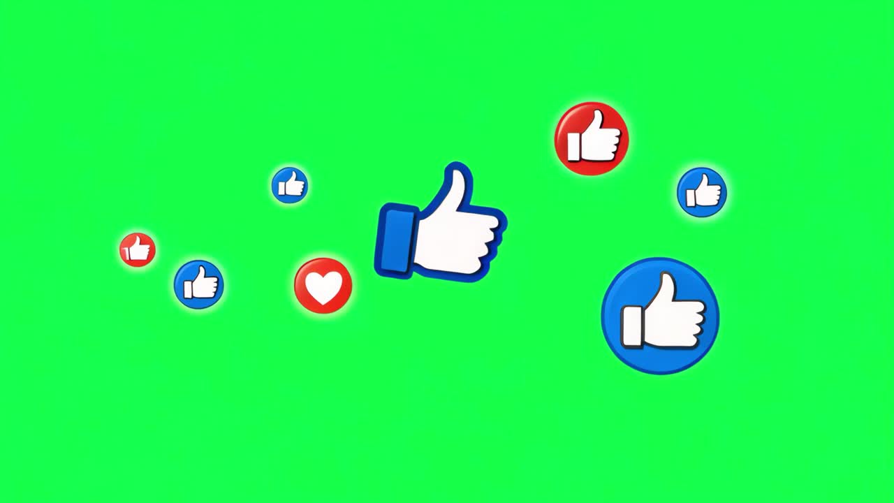 Social media engagement icons floating 4K video, transparent on green screen