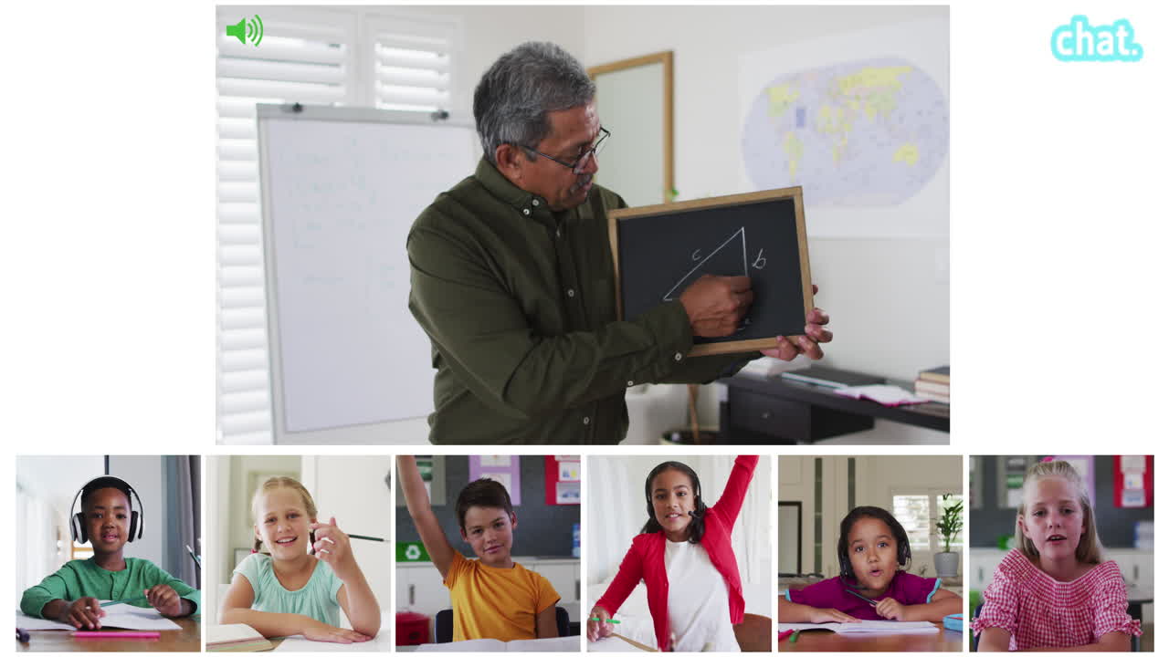 animación de pantallas de videollamadas de pizarra y diversos maestros y niños que tienen lecciones en línea