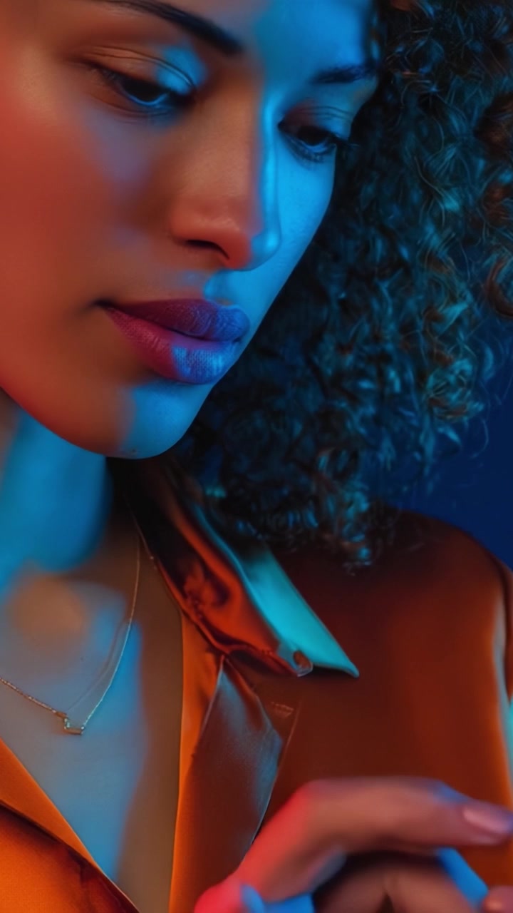 Un primo piano di una donna con capelli ricci, illuminata da una luce vibrante, che mostra la sua espressione contemplativa mentre usa il suo telefono.