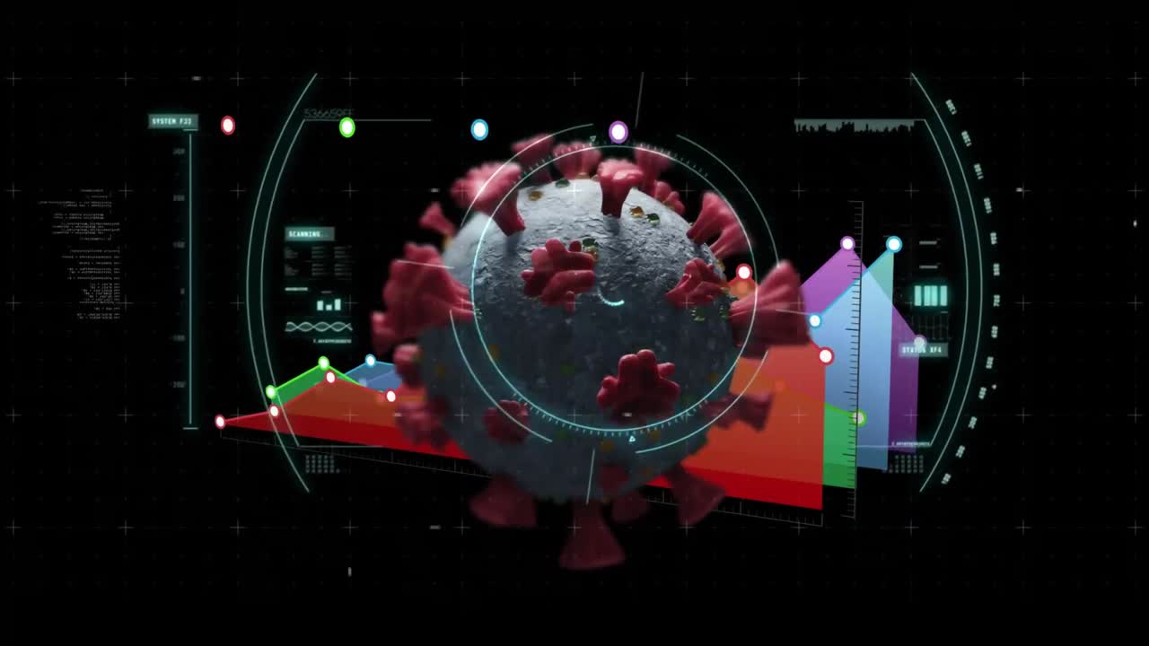 animación de células de covid 19 flotando sobre el alcance, estadísticas y procesamiento de datos