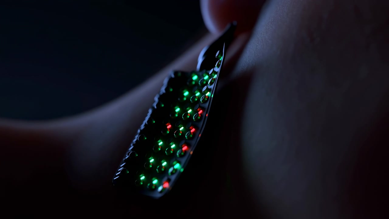 Macro view follows glossy black earring hanging from ear while tiny green and red lights shift in brightness, framed against deep shadow with cool blue highlights and shallow focus.