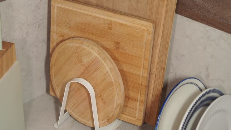 Cutting boards and plates in kitchen