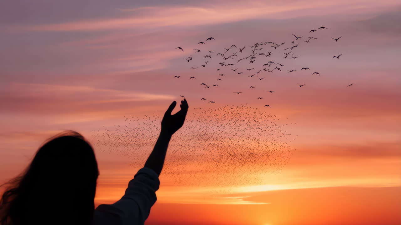 Woman releases flock of birds at sunset