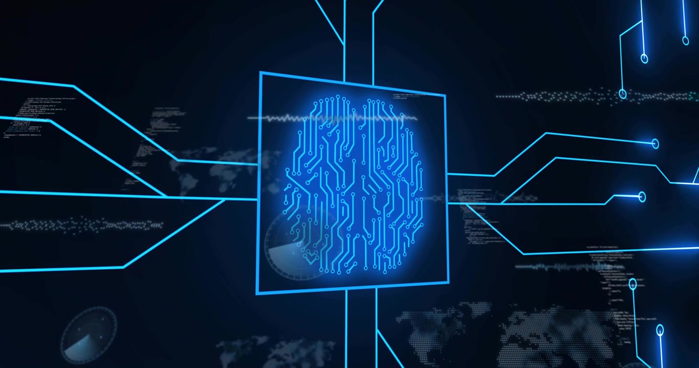 Blue neon square emerging, linking nodes with light lines, forming brain circuit and cycling data