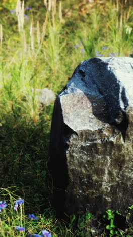 a large rock in a meadow